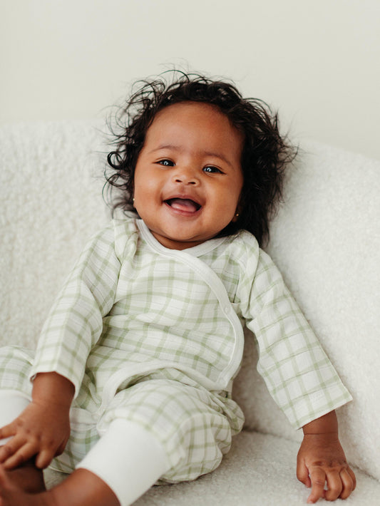 (Preventa – Entrega en 3–4 semanas) Kimono Mono Bebé Muselina Orgánica – Windowpane Sage