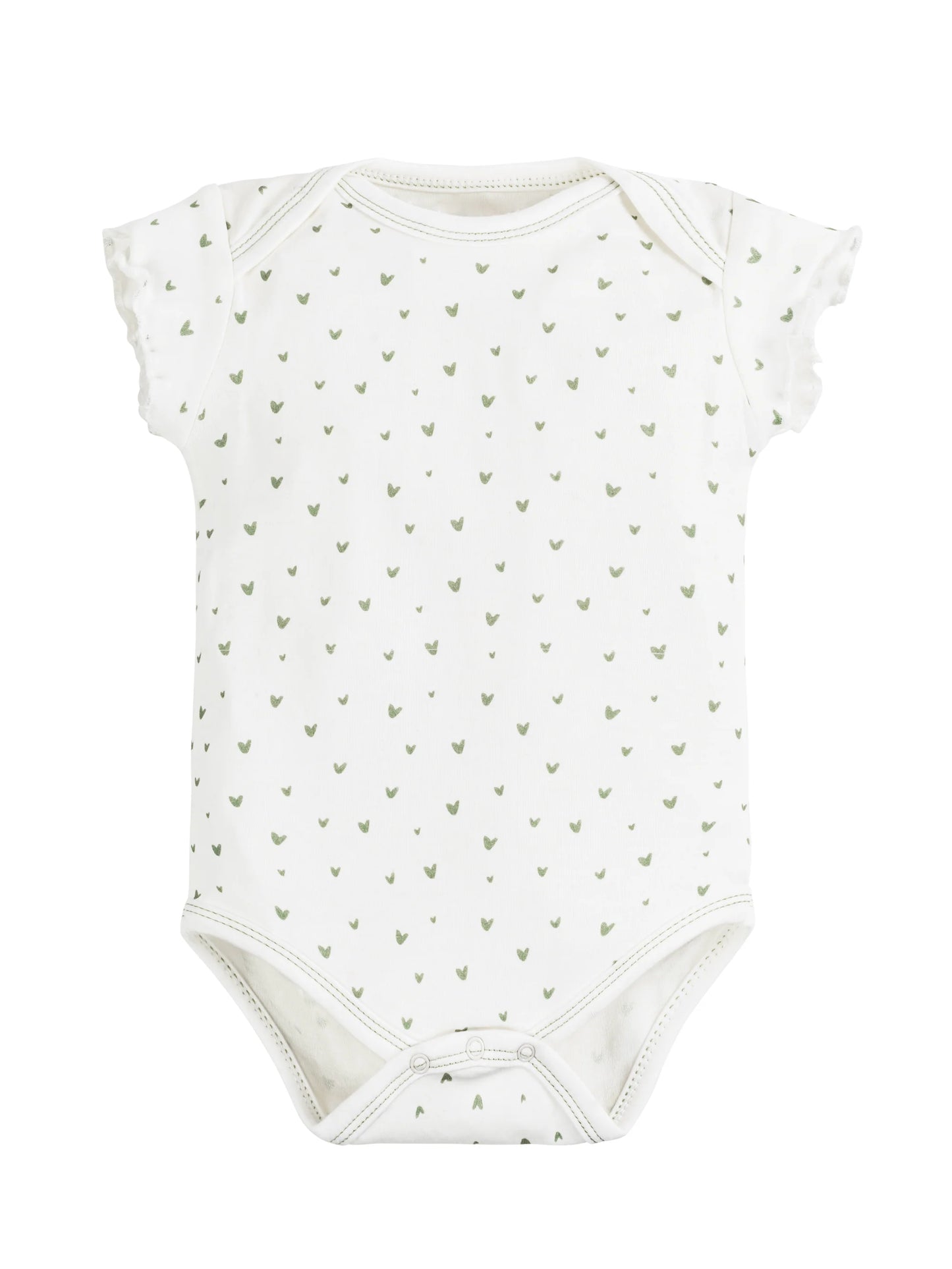 Body de bebé de manga corta con estampado de corazones en color verde salvia, confeccionado en algodón egipcio 100% orgánico – ideal para pieles sensibles