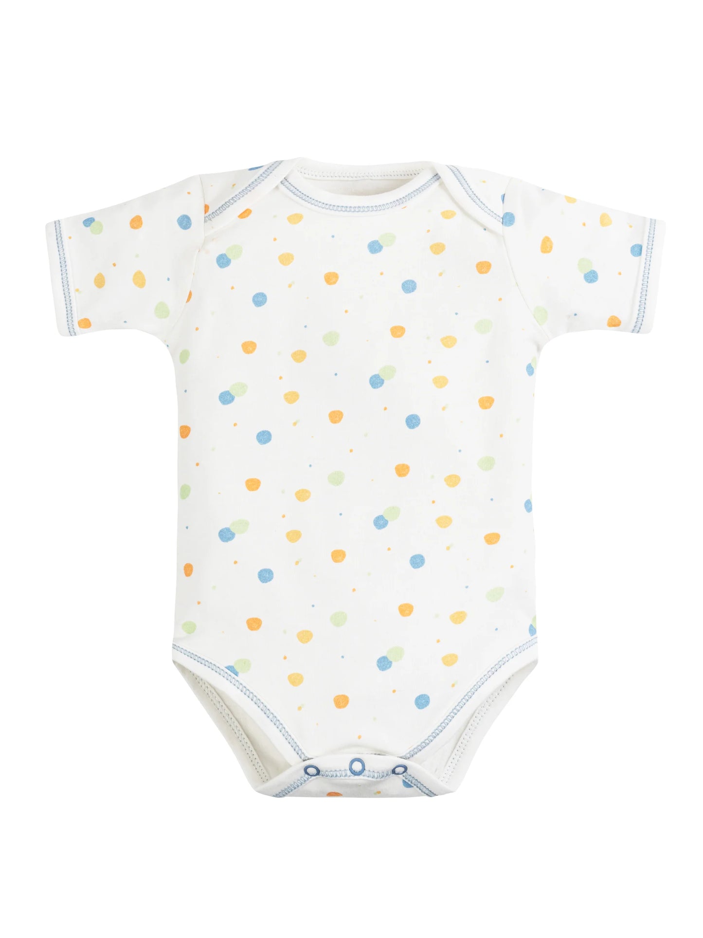 Body de bebé de manga corta con estampado de lunares azules, confeccionado en algodón egipcio 100% orgánico – suave, transpirable y perfecto para la piel delicada del bebé