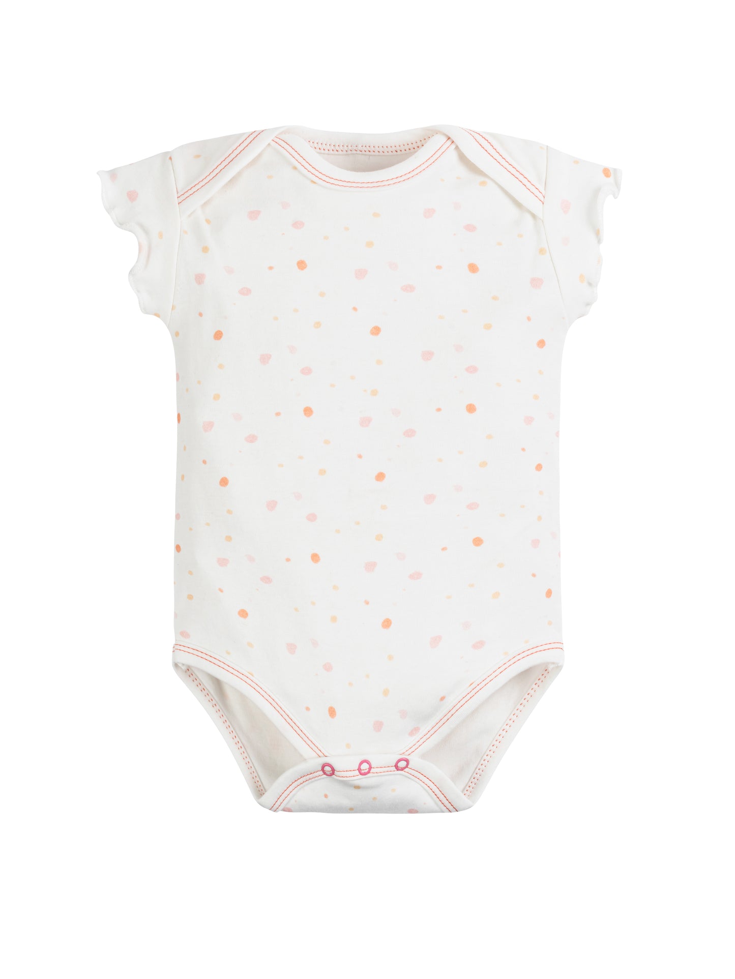 Body de bebé de manga corta con estampado de lunares rosados, confeccionado en algodón orgánico certificado – suave, seguro y perfecto para pieles sensibles