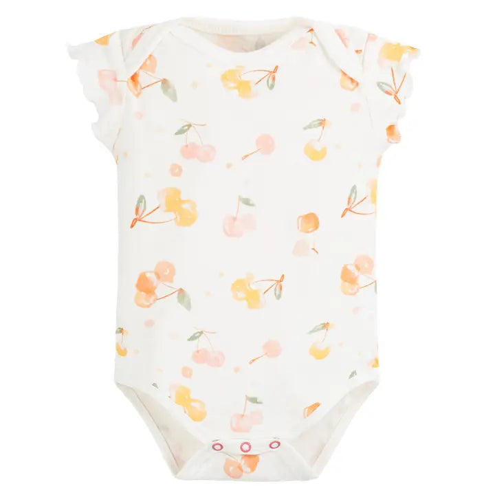 Body de bebé de manga corta con volantes y estampado "Cherry Picking", confeccionado en algodón egipcio 100% orgánico – ideal para pieles sensibles y uso diario