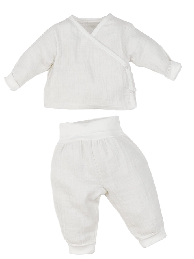 Conjunto de bebé de muselina blanca 100% orgánica – incluye top y pantalón, ideal para pieles sensibles