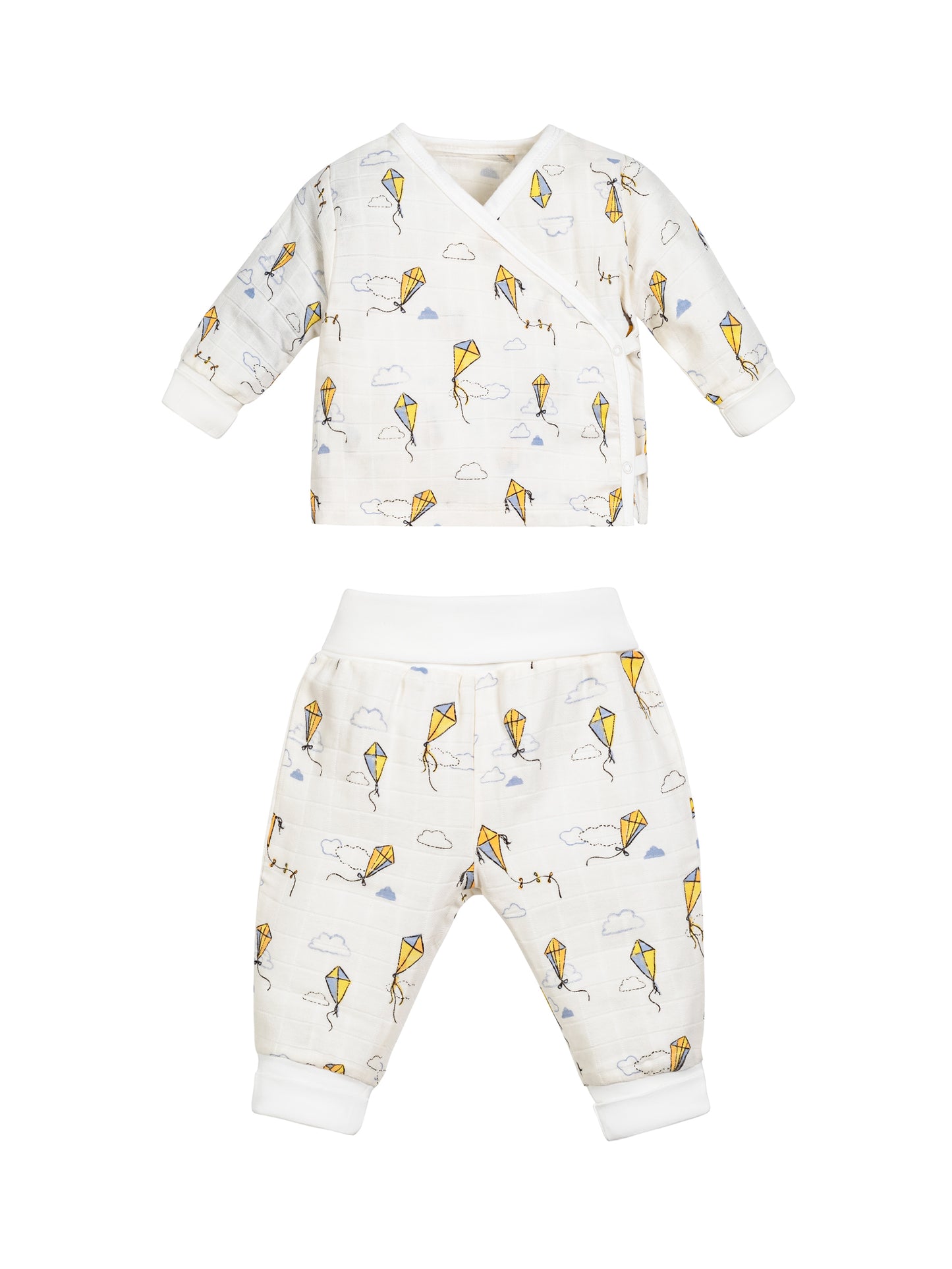 Mono de bebé de dos piezas de algodón orgánico – kimono con broches laterales y pantalón, diseño Kites