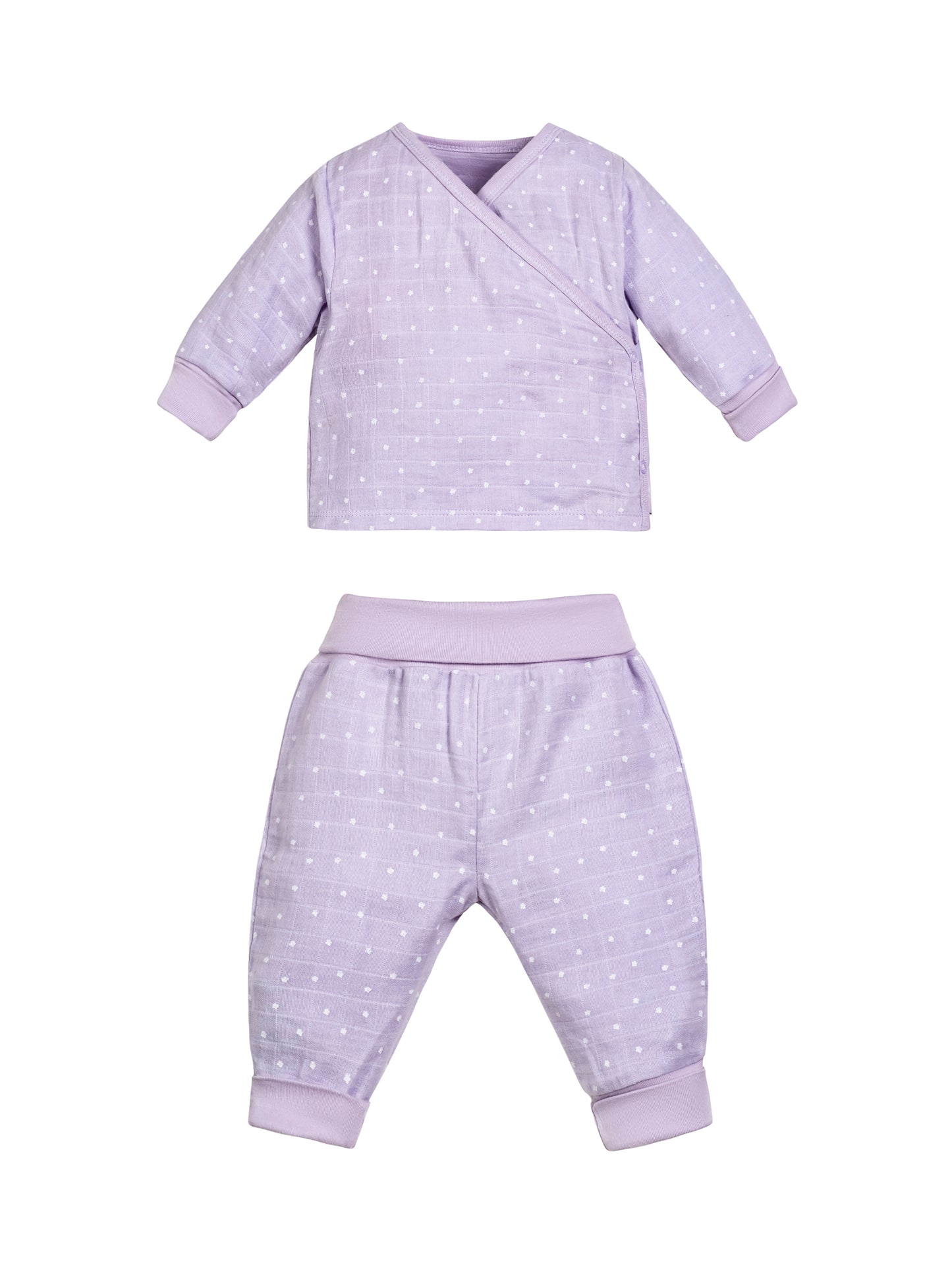Conjunto para bebé con top y pantalón, broche lateral y estampado de estrellitas dibujadas. Confeccionado en algodón egipcio 100% orgánico – suave, cómodo y perfecto para la piel sensible del bebé