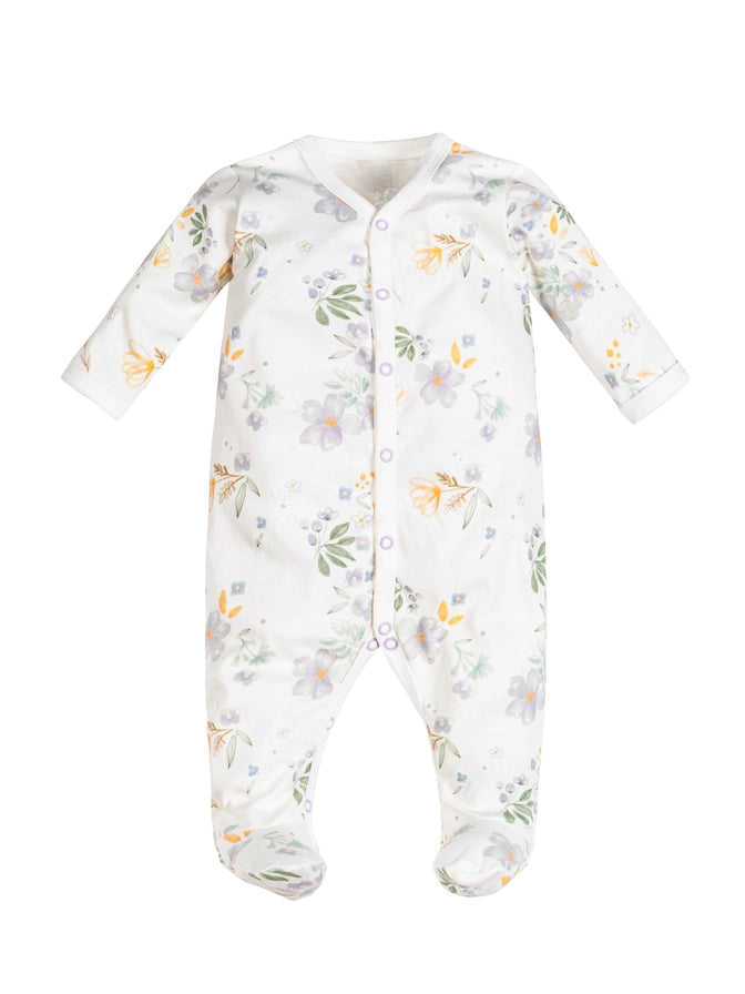 Mono enterizo para bebé con pies y estampado floral "Modern Daisy", confeccionado en algodón egipcio 100% orgánico – suave, cómodo y perfecto para recién nacidos