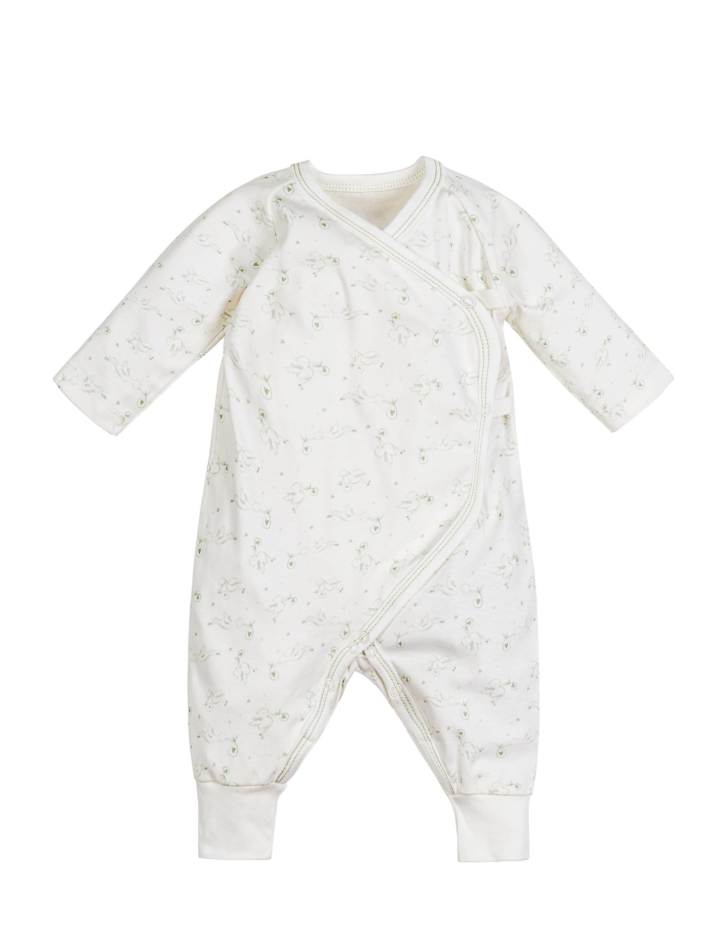 Mono de bebé estilo kimono con broches laterales y estampado de cigüeñas, confeccionado en algodón egipcio 100% orgánico.