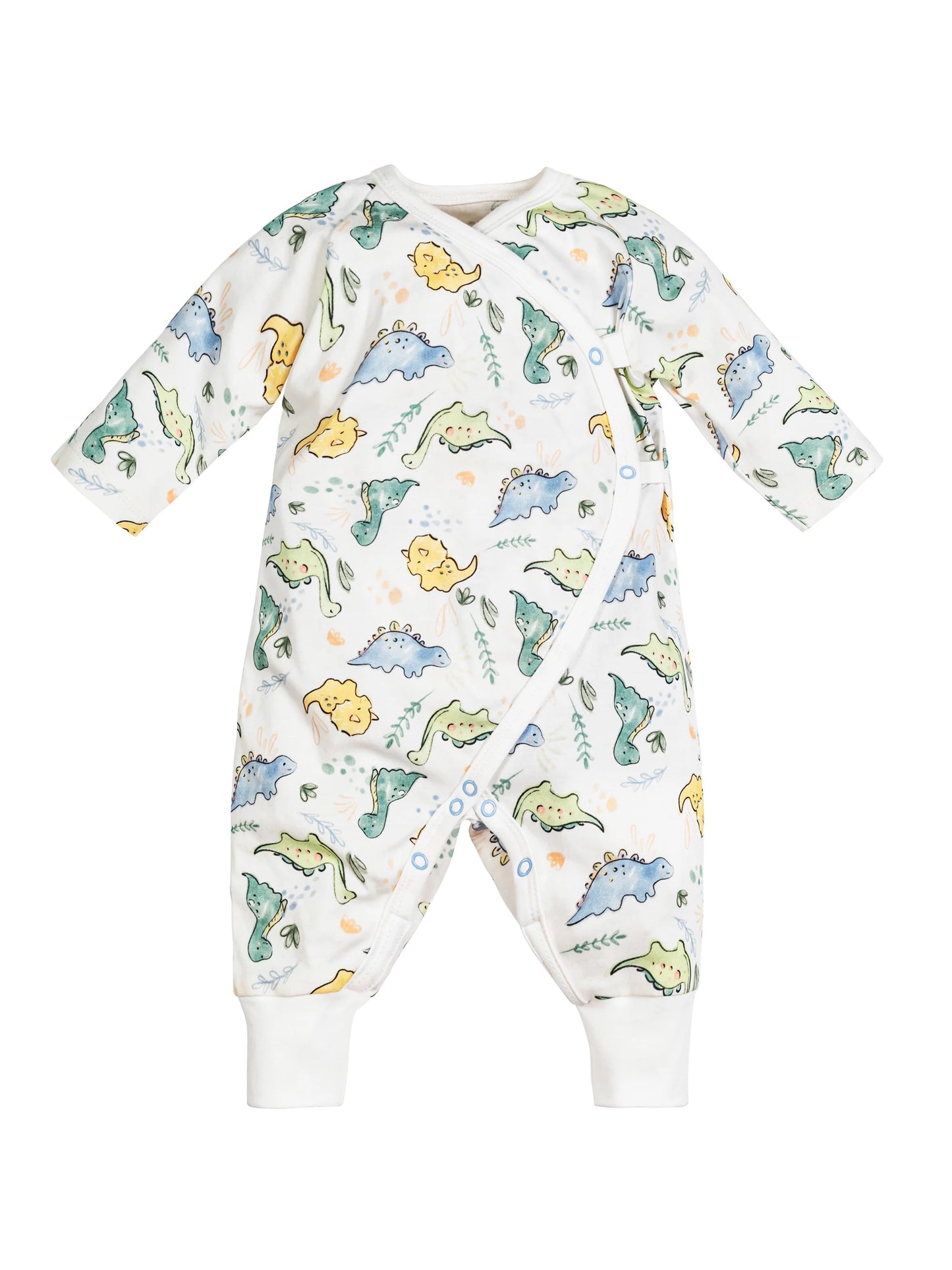 Mono de bebé estilo kimono con broches laterales y estampado de dinosaurios, confeccionado en algodón egipcio 100% orgánico – ideal para bebés con piel delicada