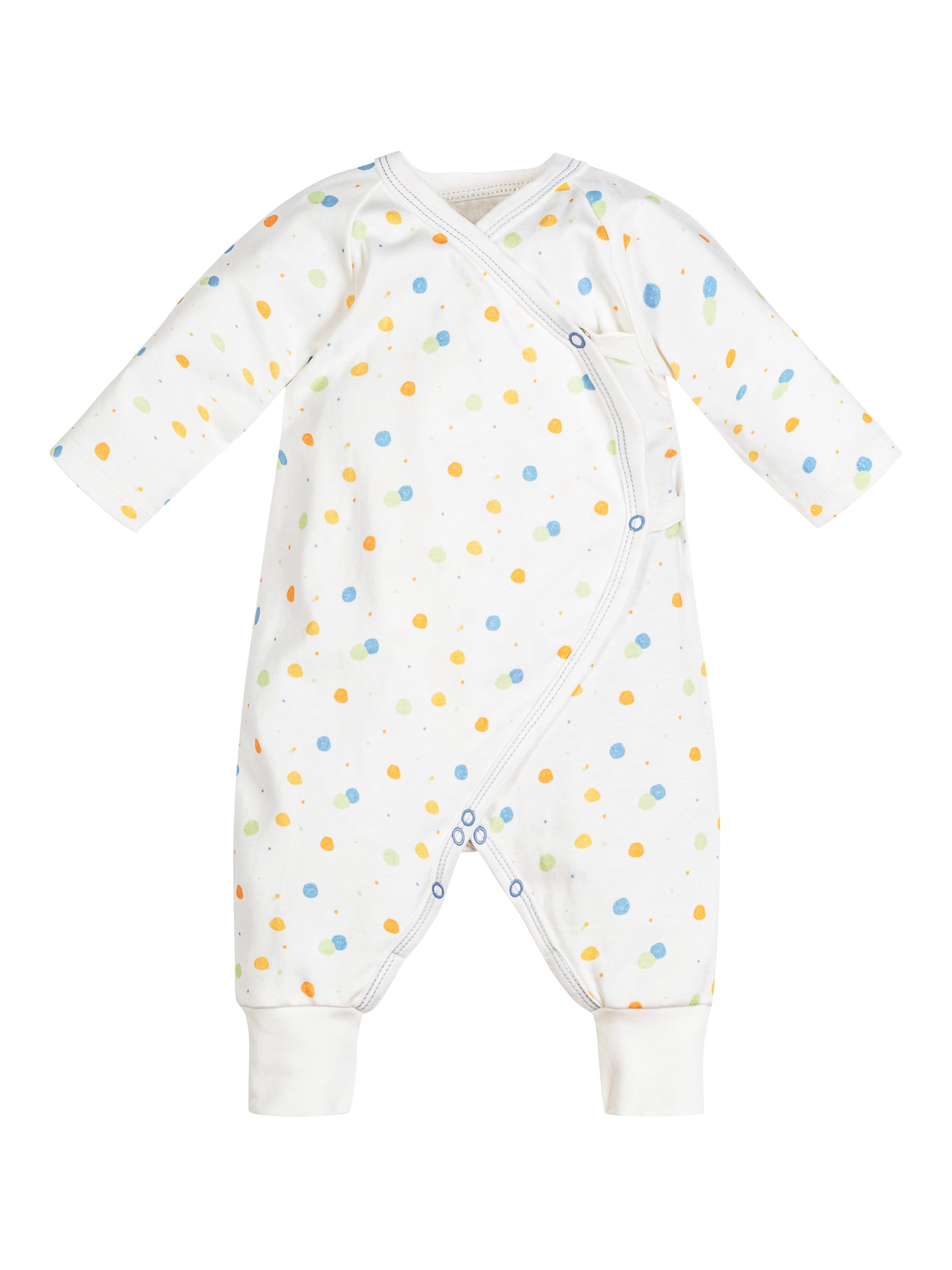 Mono de bebé estilo kimono con broches laterales y estampado de lunares azules, hecho de algodón egipcio 100% orgánico – ideal para piel sensible