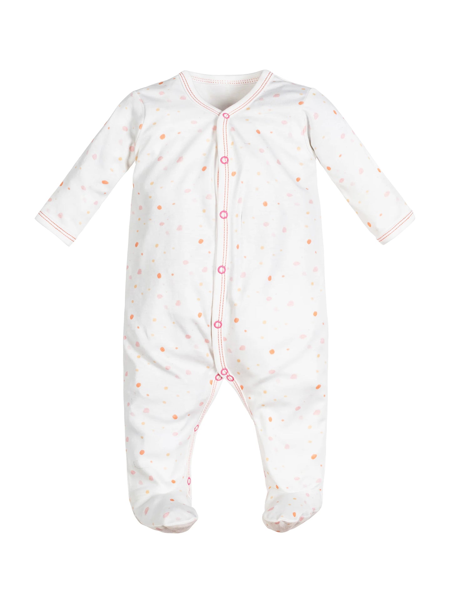 Pijama de bebé con broche frontal y pies cubiertos, estampado de lunares rosados. Confeccionado en algodón egipcio 100% orgánico – ideal para piel delicada y uso diario