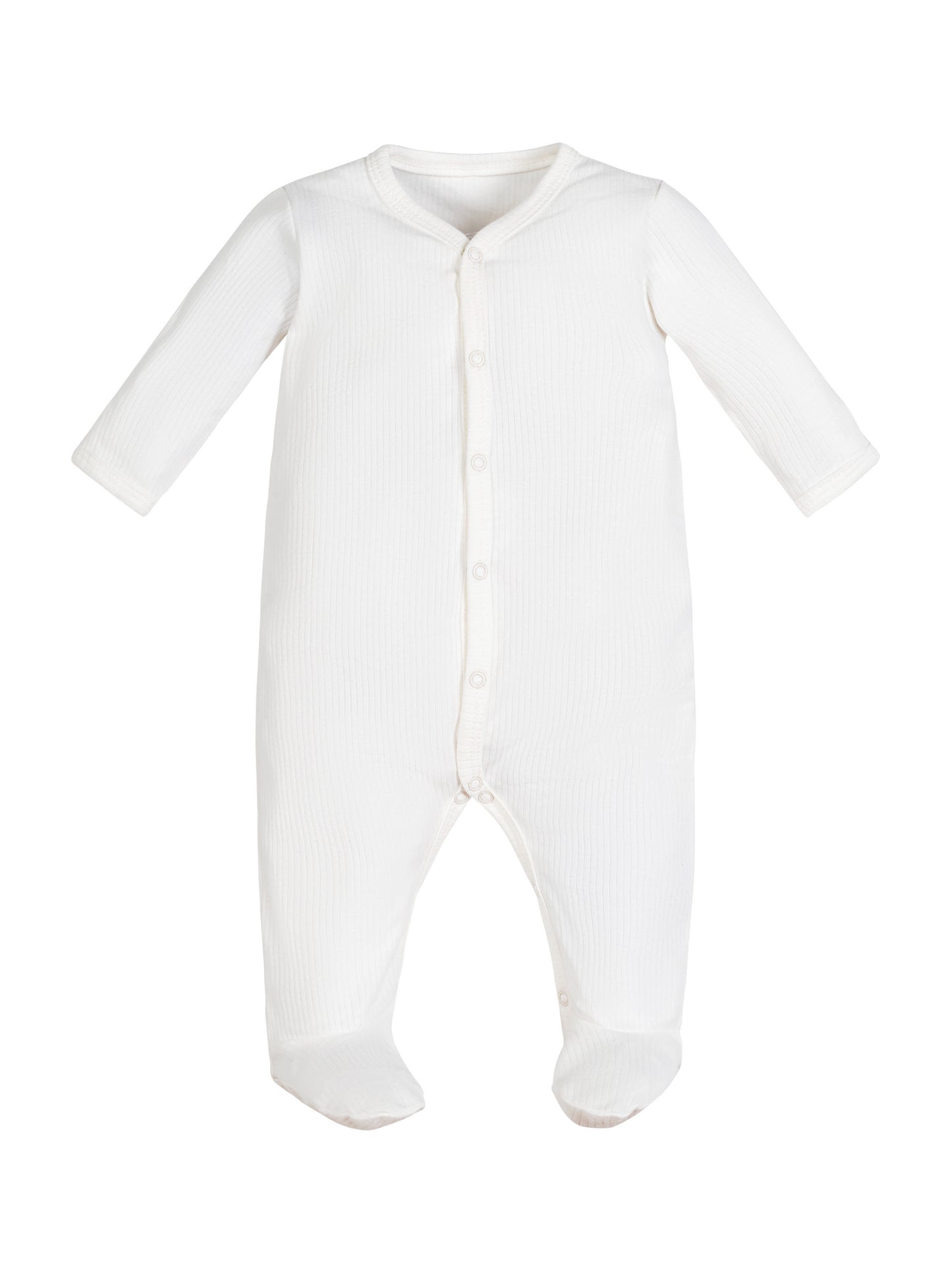 Mono de bebé con pie en blanco orgánico, diseño Drop Needle con broches frontales – ropa ecológica para recién nacidos
