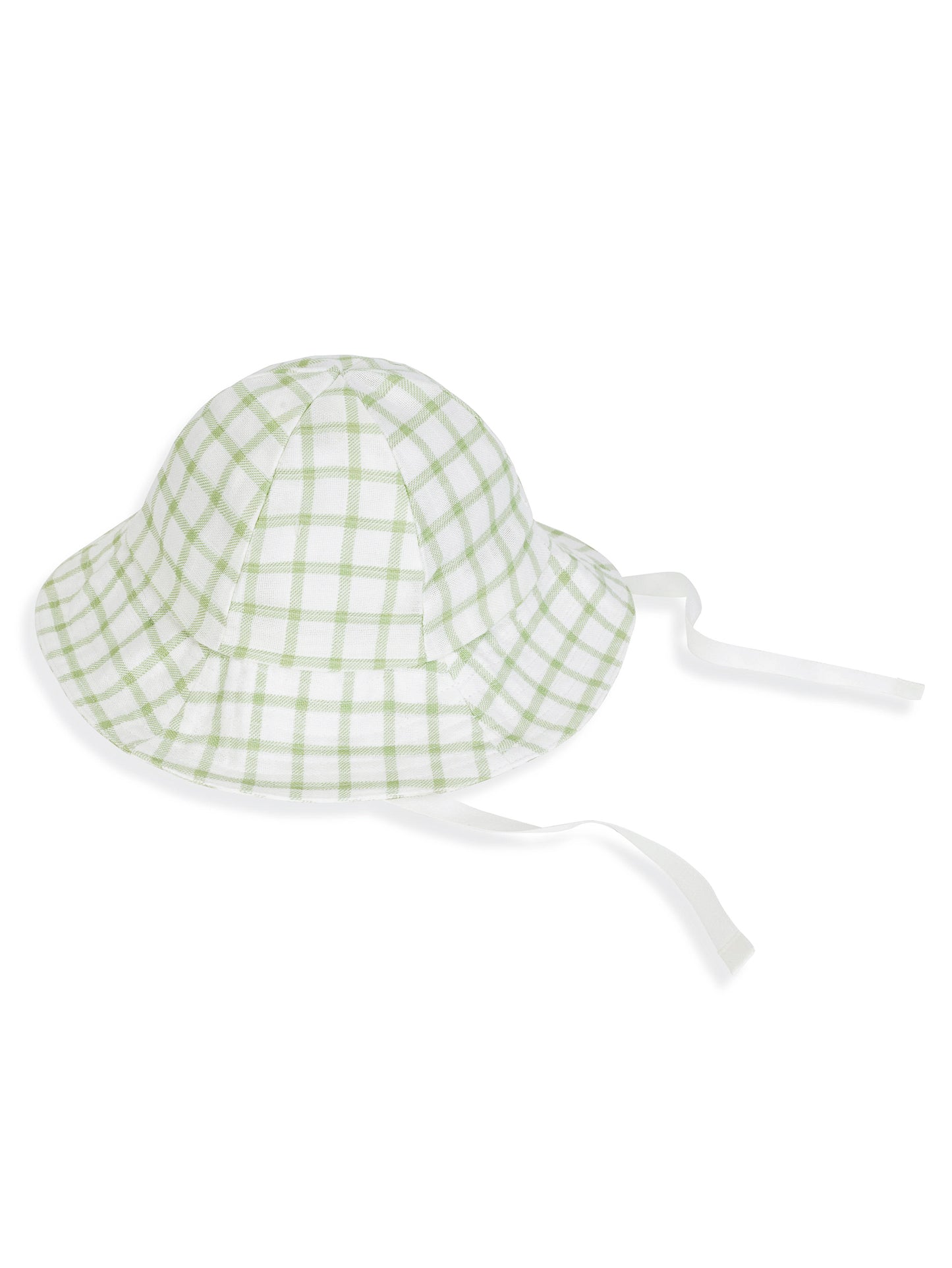 Sombrero para bebé en color verde salvia con diseño a cuadros tipo "windowpane", hecho de algodón orgánico 100% – ideal para proteger del sol