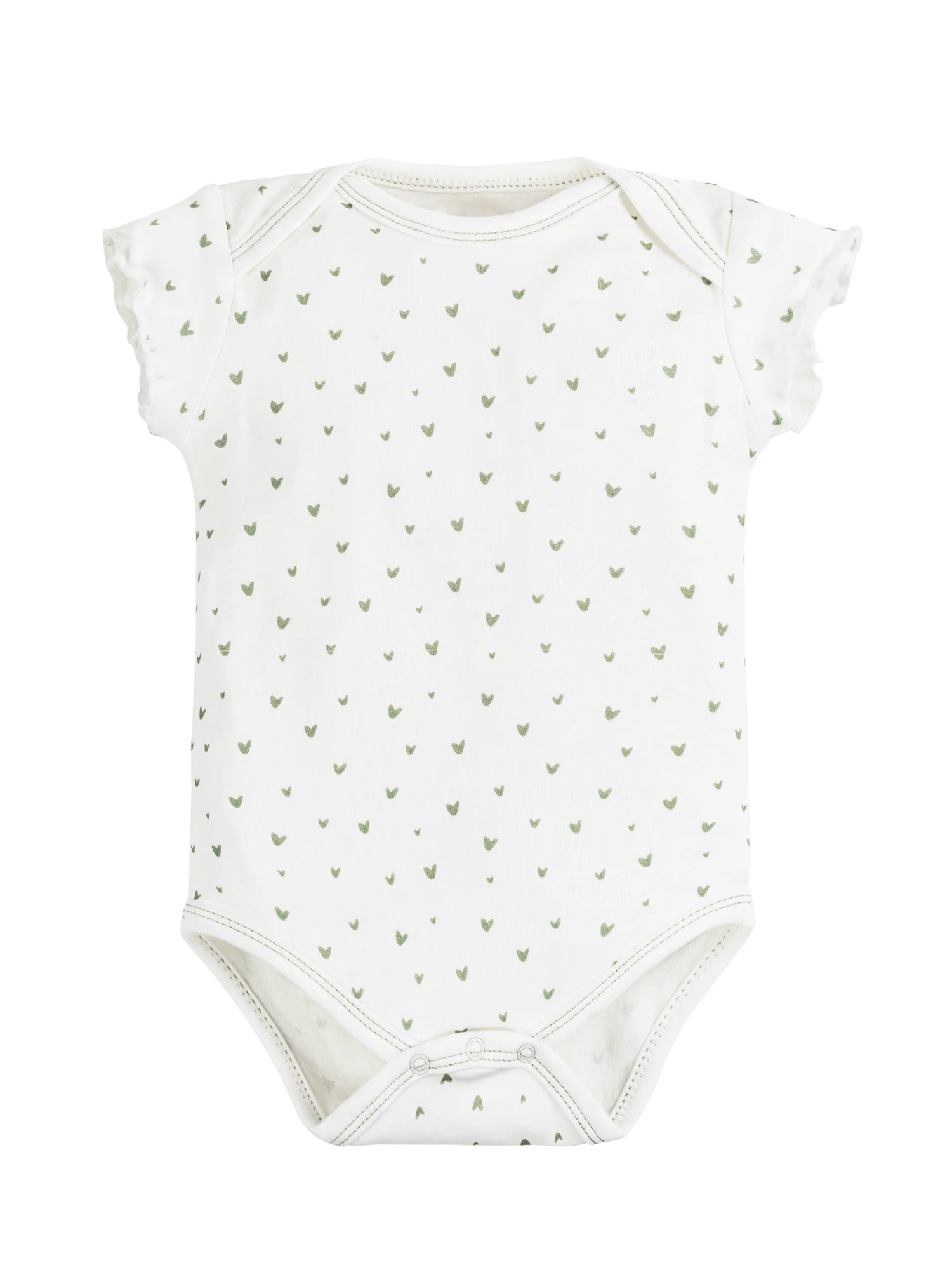 Body de bebé de manga corta con estampado de corazones en color verde salvia, confeccionado en algodón egipcio 100% orgánico – ideal para pieles sensibles