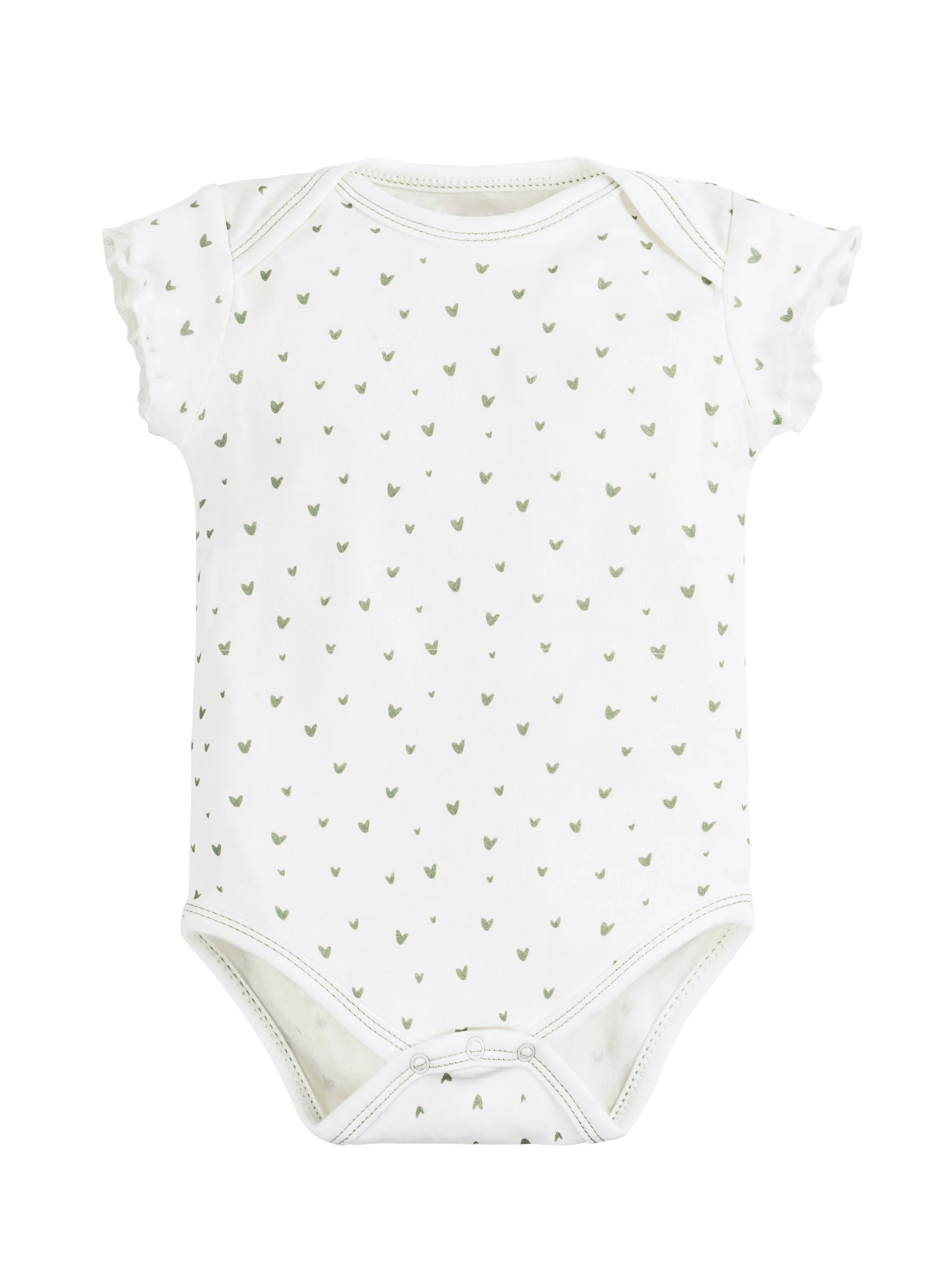 Body de bebé de manga corta con estampado de corazones en color verde salvia, confeccionado en algodón egipcio 100% orgánico – ideal para pieles sensibles