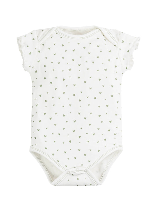 Body de bebé de manga corta con estampado de corazones en color verde salvia, confeccionado en algodón egipcio 100% orgánico – ideal para pieles sensibles