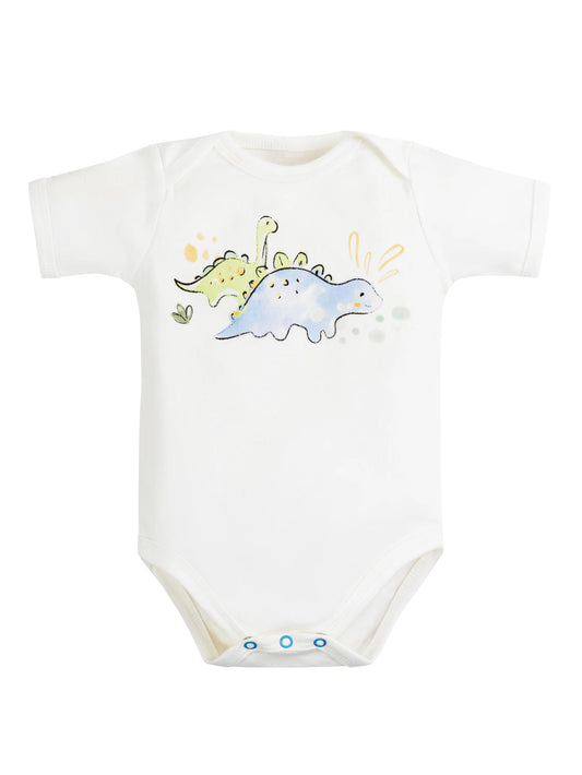 Body de bebé de manga corta con estampado de dinosaurio tipo serigrafía, confeccionado en algodón egipcio 100% orgánico – suave, cómodo y perfecto para pieles sensibles