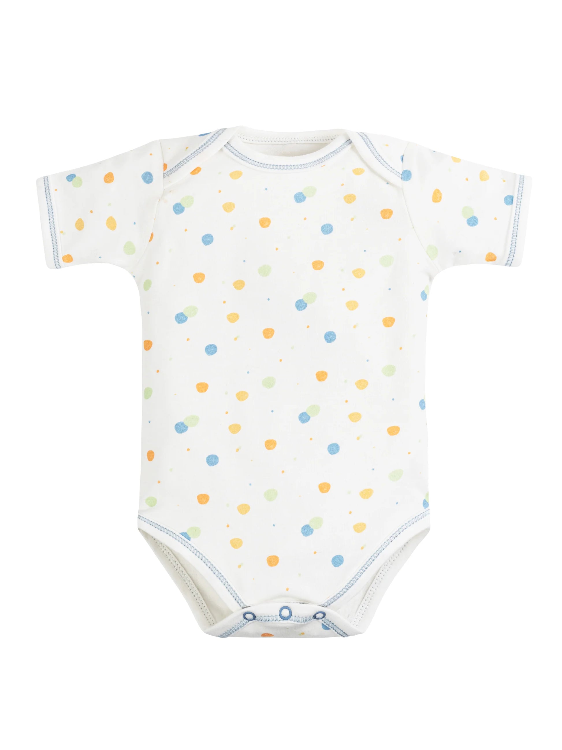 Body de bebé de manga corta con estampado de lunares azules, confeccionado en algodón egipcio 100% orgánico – suave, transpirable y perfecto para la piel delicada del bebé