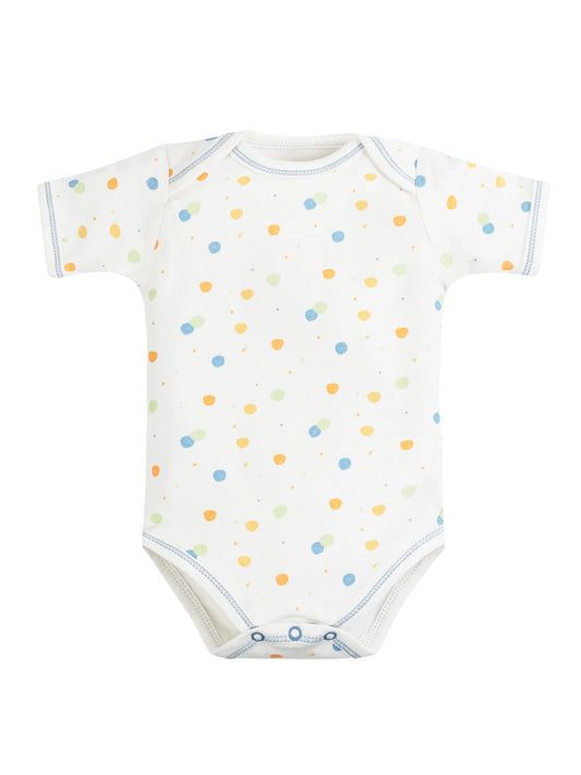Body de bebé de manga corta con estampado de lunares azules, confeccionado en algodón egipcio 100% orgánico – suave, transpirable y perfecto para la piel delicada del bebé