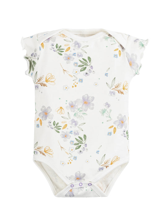 Body de bebé de manga corta con estampado floral moderno, confeccionado en algodón egipcio 100% orgánico – suave, seguro y perfecto para uso diario