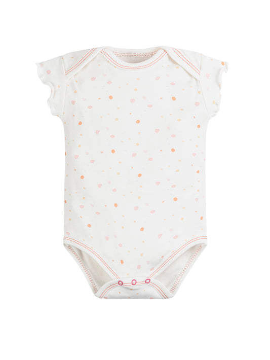 Body de bebé de manga corta con estampado de lunares rosados, confeccionado en algodón orgánico certificado – suave, seguro y perfecto para pieles sensibles