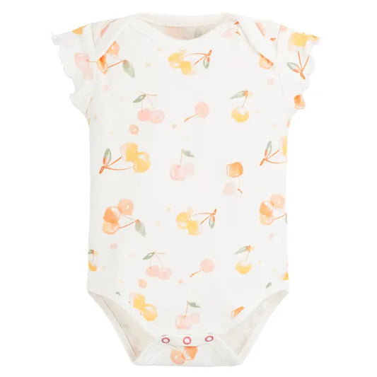 Body de bebé de manga corta con volantes y estampado "Cherry Picking", confeccionado en algodón egipcio 100% orgánico – ideal para pieles sensibles y uso diario