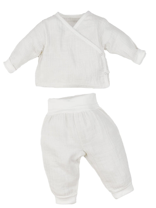 Conjunto de bebé de muselina blanca 100% orgánica – incluye top y pantalón, ideal para pieles sensibles