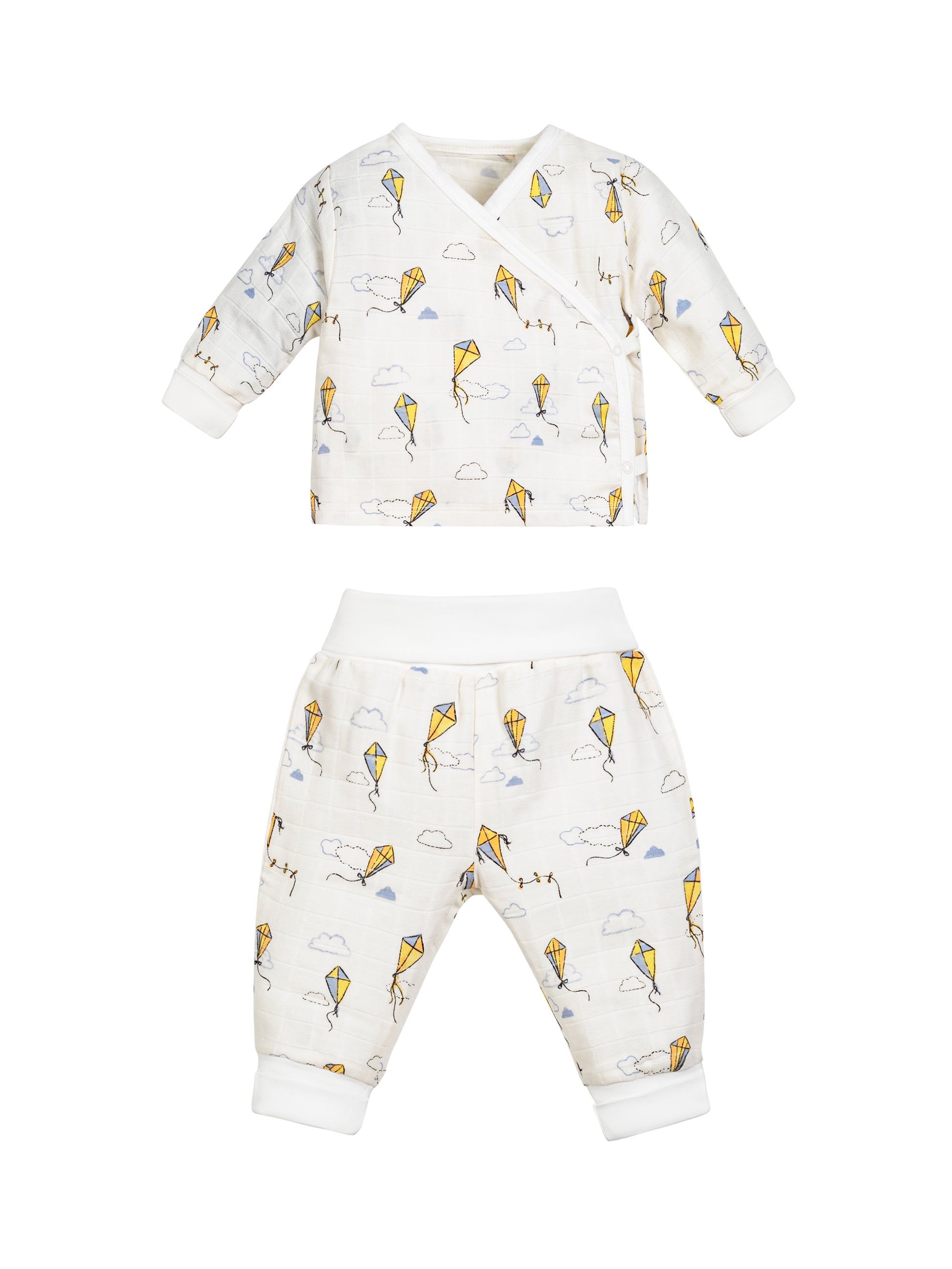 Mono de bebé de dos piezas de algodón orgánico – kimono con broches laterales y pantalón, diseño Kites