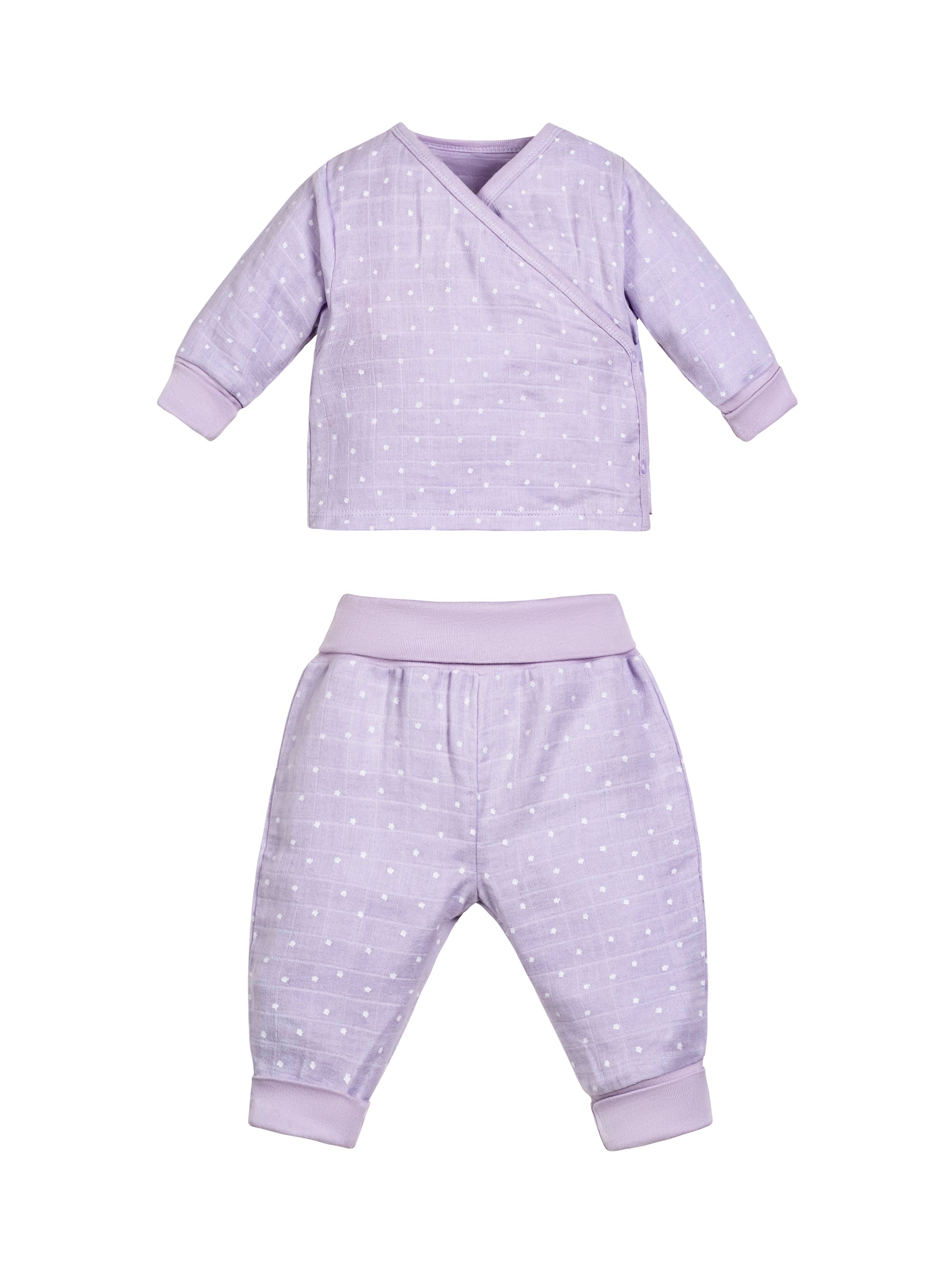 Conjunto para bebé con top y pantalón, broche lateral y estampado de estrellitas dibujadas. Confeccionado en algodón egipcio 100% orgánico – suave, cómodo y perfecto para la piel sensible del bebé