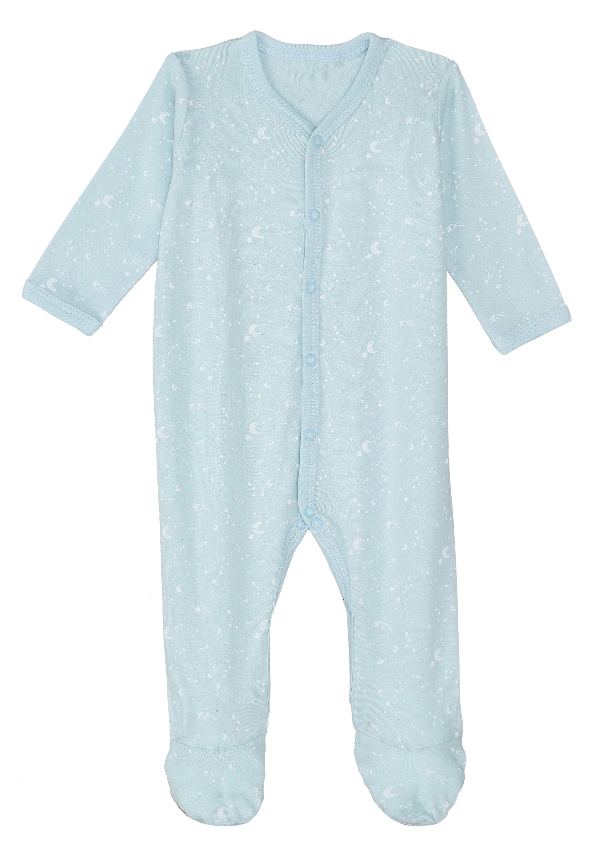 Mono de bebé con broches y estampado de luna y estrellas, confeccionado en algodón egipcio 100% orgánico – suave, cómodo y perfecto para recién nacidos