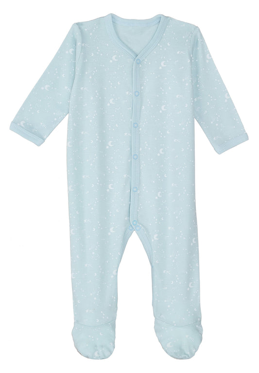 Mono de bebé con broches y estampado de luna y estrellas, confeccionado en algodón egipcio 100% orgánico – suave, cómodo y perfecto para recién nacidos