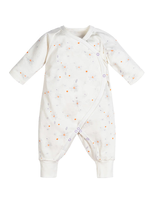 Mono de bebé estilo kimono con broches laterales y estampado floral "Daisy", confeccionado en algodón egipcio 100% orgánico – suave y delicado para la piel del bebé