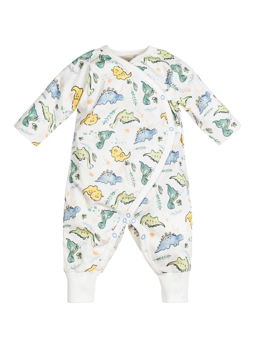 Mono de bebé estilo kimono con broches laterales y estampado de dinosaurios, confeccionado en algodón egipcio 100% orgánico – ideal para bebés con piel delicada