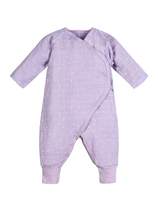 Mono de bebé estilo kimono con broches laterales y estampado de estrellitas dibujadas, confeccionado en algodón egipcio 100% orgánico