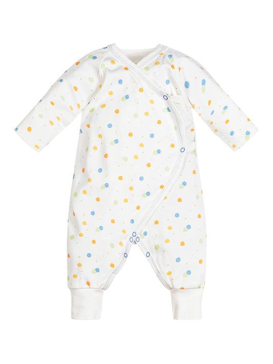 Mono de bebé estilo kimono con broches laterales y estampado de lunares azules, hecho de algodón egipcio 100% orgánico – ideal para piel sensible