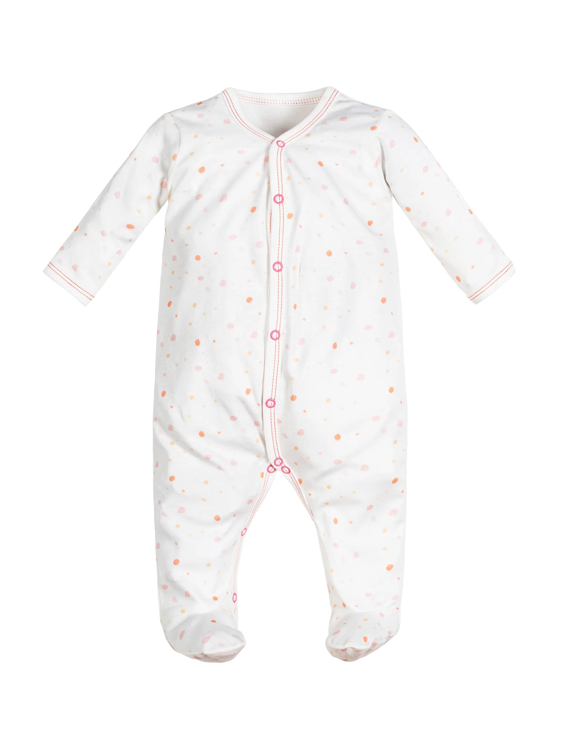 Pijama de bebé con broche frontal y pies cubiertos, estampado de lunares rosados. Confeccionado en algodón egipcio 100% orgánico – ideal para piel delicada y uso diario