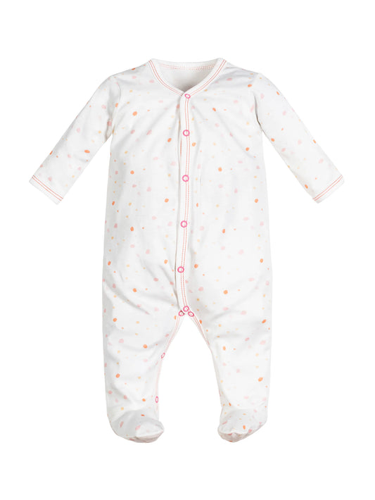 Pijama de bebé con broche frontal y pies cubiertos, estampado de lunares rosados. Confeccionado en algodón egipcio 100% orgánico – ideal para piel delicada y uso diario