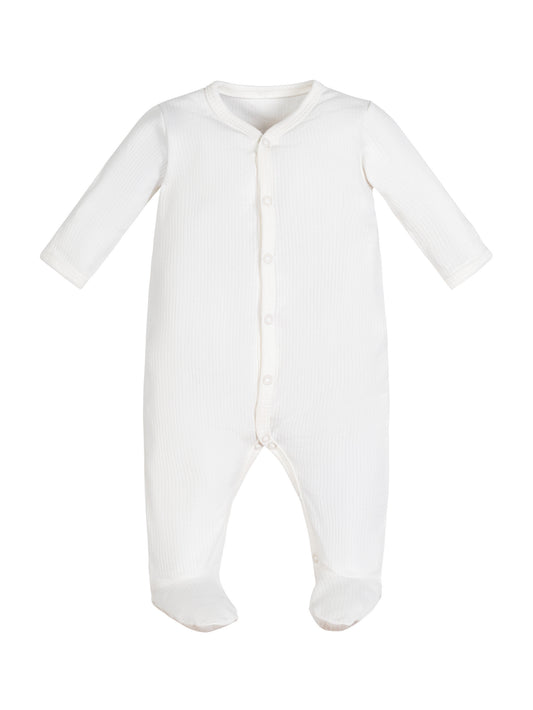 Mono de bebé con pie en blanco orgánico, diseño Drop Needle con broches frontales – ropa ecológica para recién nacidos