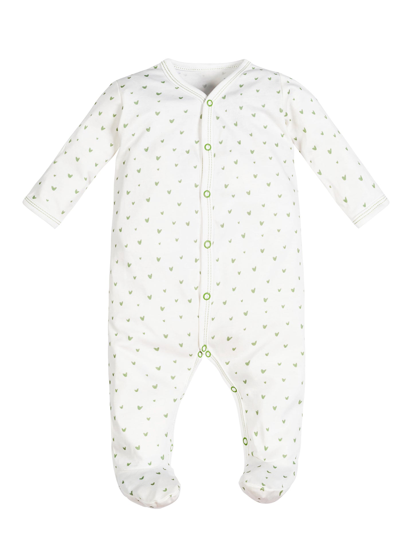 Pijama de bebé con pies, broche lateral y estampado de corazones en color verde salvia, hecho de algodón egipcio 100% orgánico – ideal para recién nacidos